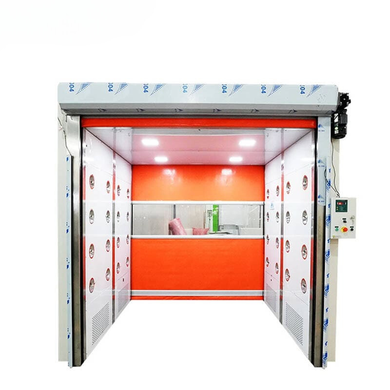Sample Photo No. 1 of Air Shower Design and Operation: Box-like structure with interlock doors. High-speed filtered air jets dislodge and capture contamination. HEPA or ULPA filters purify recycled air. Purpose: Minimize contamination in cleanrooms for pharmaceuticals, semiconductors, food processing. Placement: Between changing areas and cleanroom entrances or cleanroom classes, maintaining air quality.