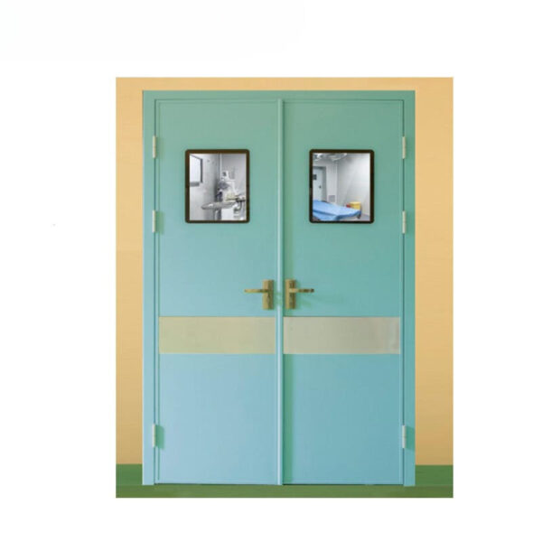 Single door for medical clean room with teal color and a small glass window