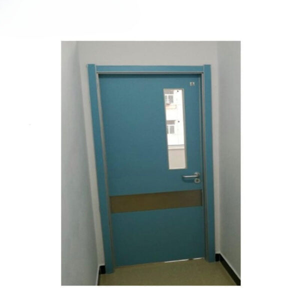 Double door for medical clean room with teal color and small glass windows