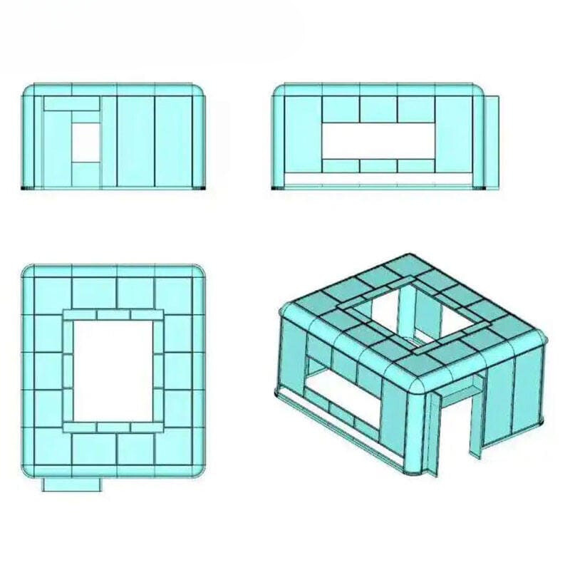 Isometric, Front, Side, and top 2D presentation of wall panel.