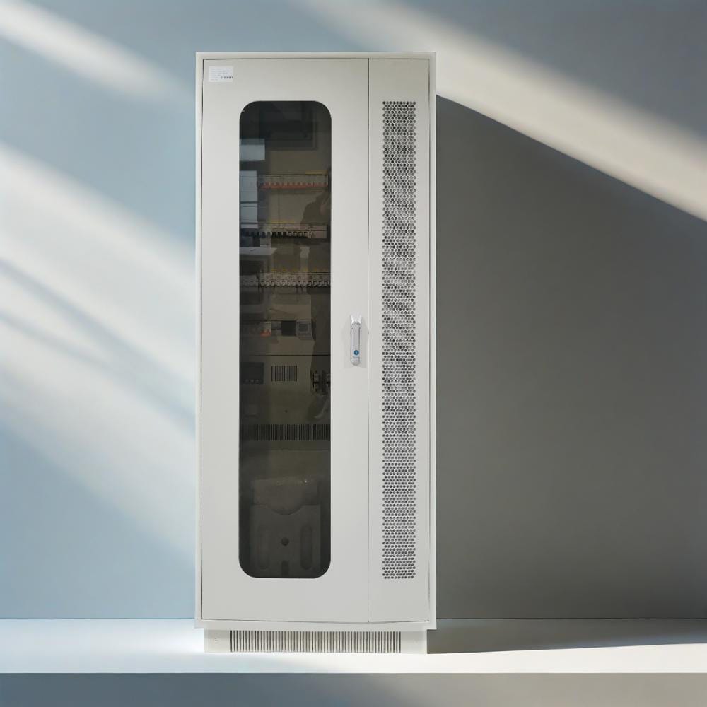 Integrated IT-UPS cabinet, studio view with fireproof glass door