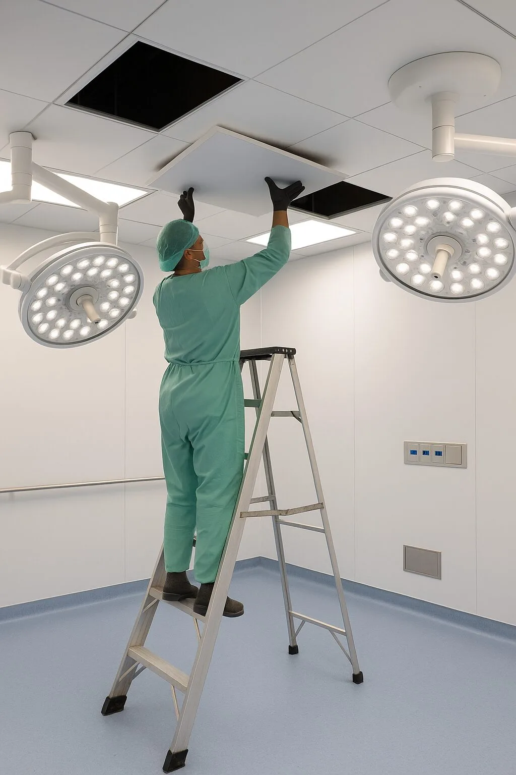 Technicien réparant le plafond de la salle d'opération