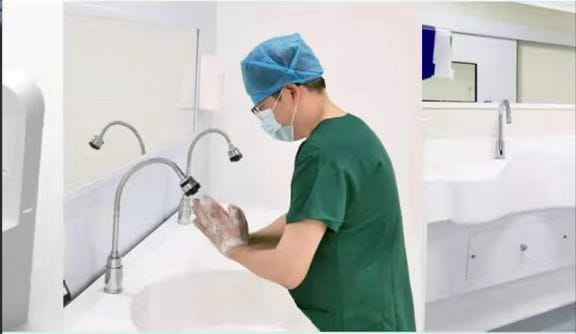 Close-up of water-resistant Corian® sink in medical setting, showing seamless edges and smooth finish