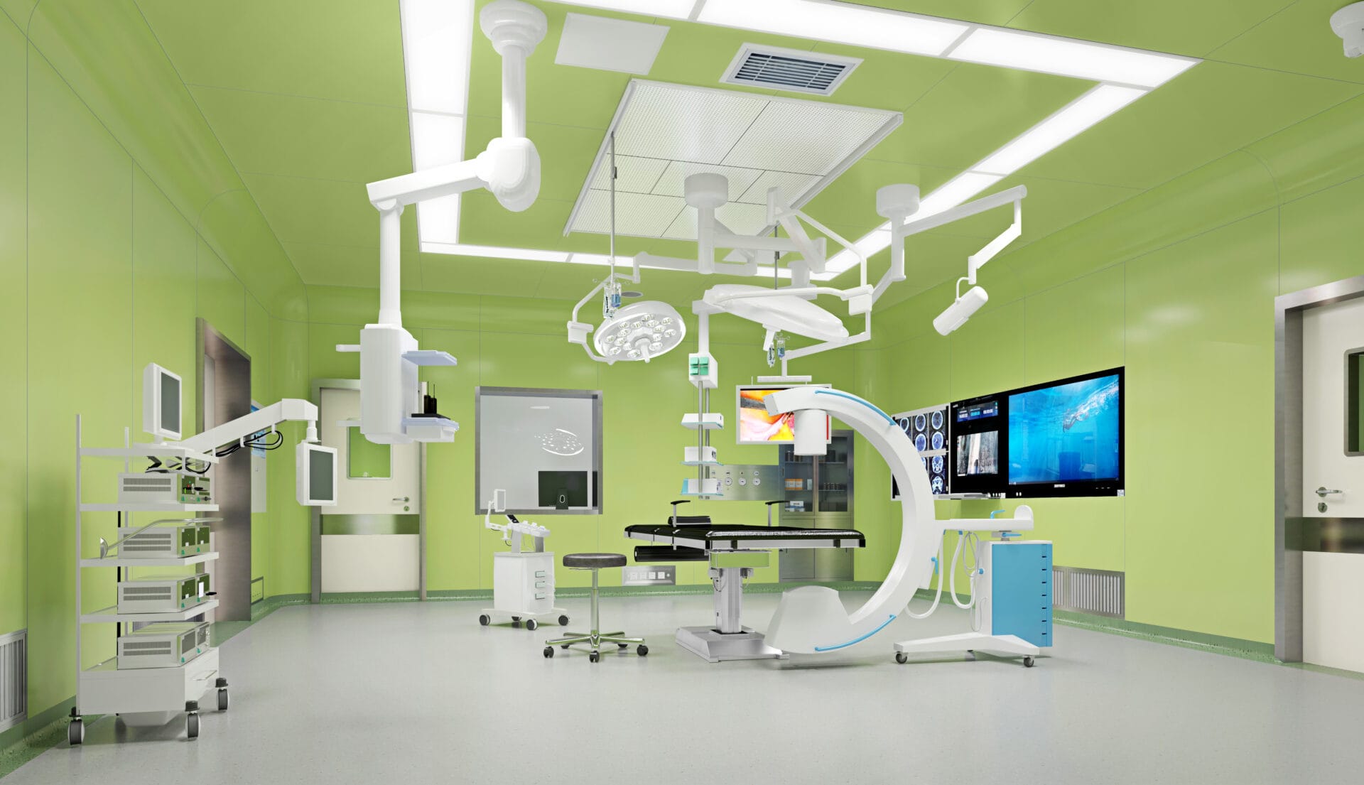 Modern operating room with advanced medical equipment.