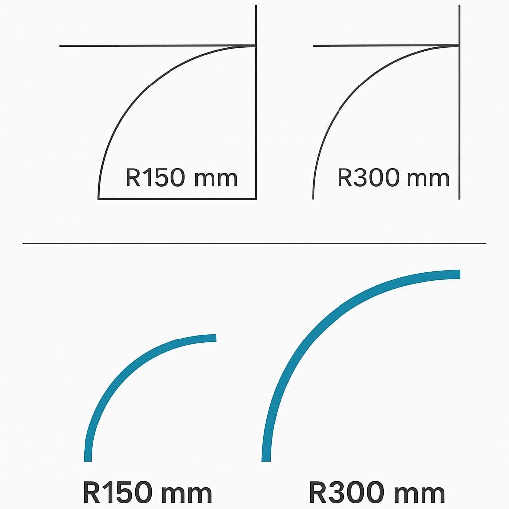 Comparison of curves with 150mm and 300mm radius.
