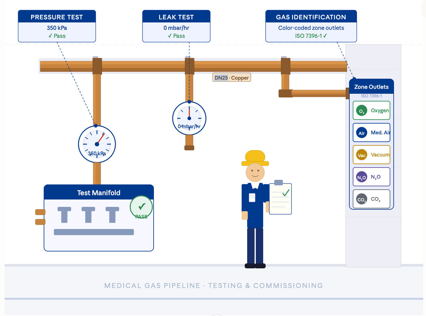 Medical gas pipeline testing and commissioning in hospital system