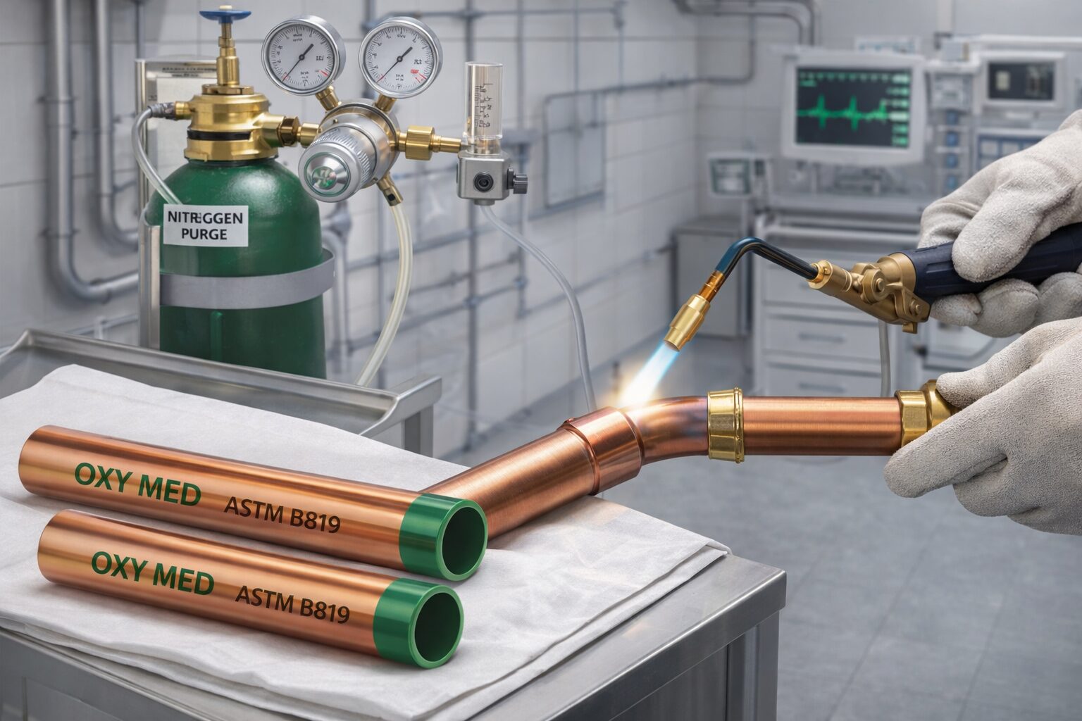 Medical gas copper tube installation with nitrogen purging during brazing to maintain internal cleanliness.