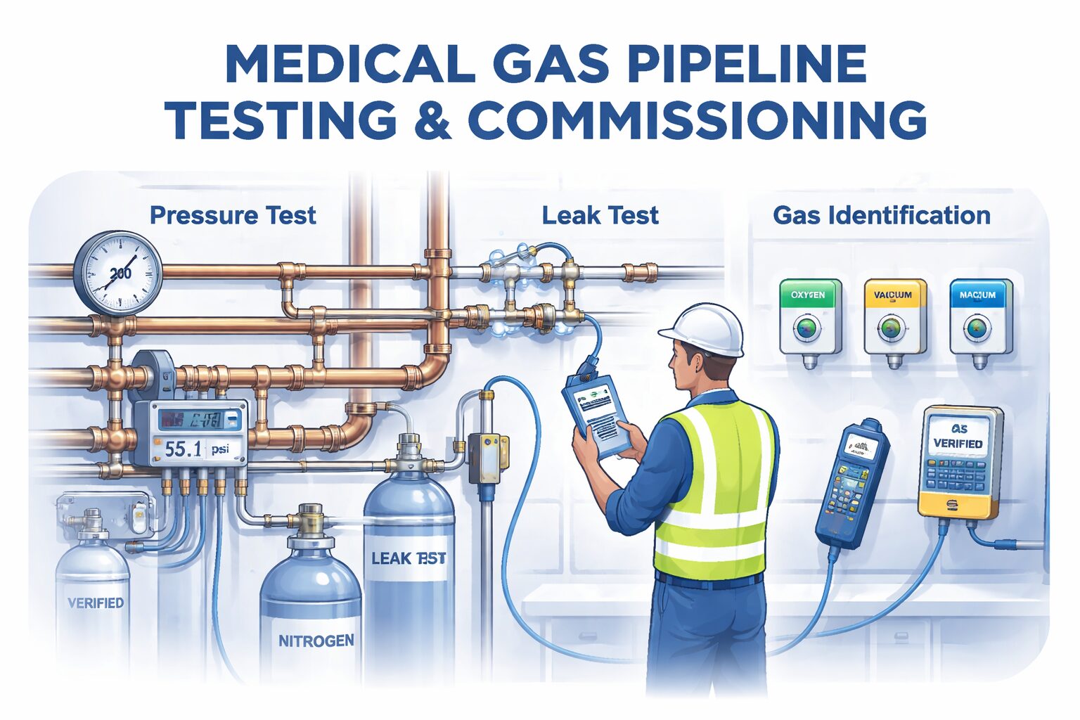 Technician testing medical gas pipeline system