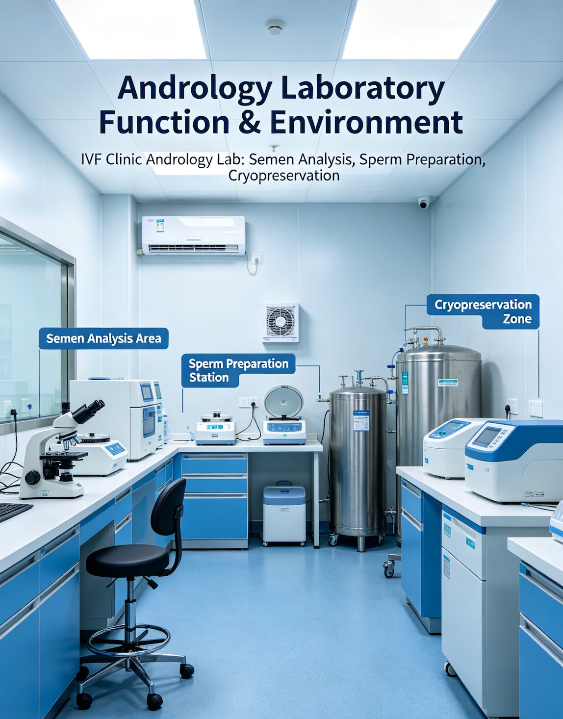 Andrology laboratory interior in IVF clinic — sperm analysis and processing equipment
