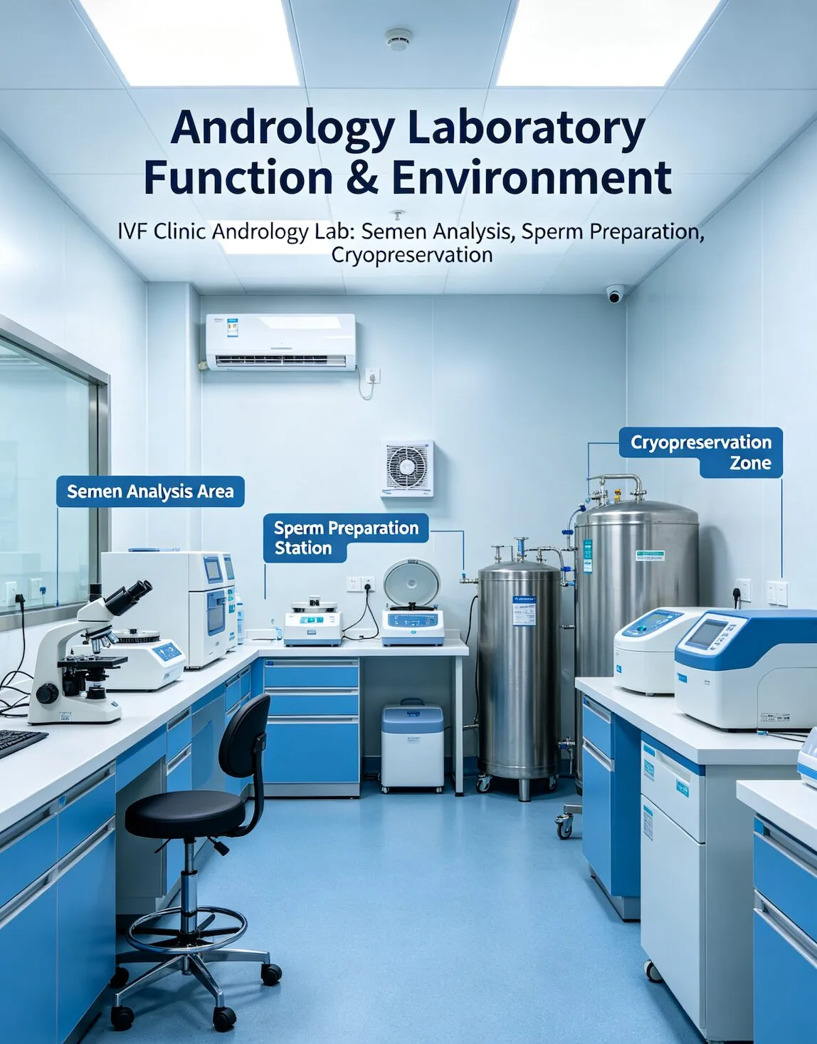 Interior del laboratorio de andrología en una clínica de FIV: equipos para el análisis y procesamiento de espermatozoides.