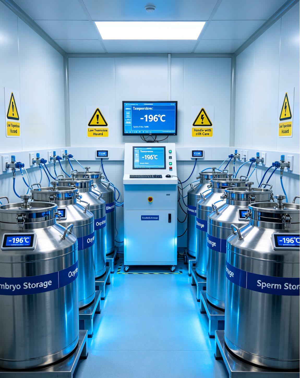 Cryostorage room for embryo and sperm preservation — liquid nitrogen tank storage in IVF clinic