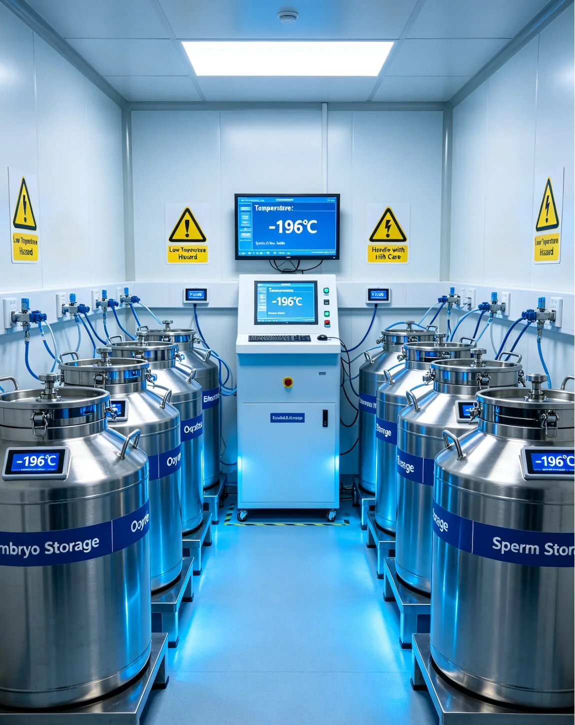 Sala de crioconservación para la preservación de embriones y espermatozoides: almacenamiento en tanque de nitrógeno líquido en una clínica de FIV.