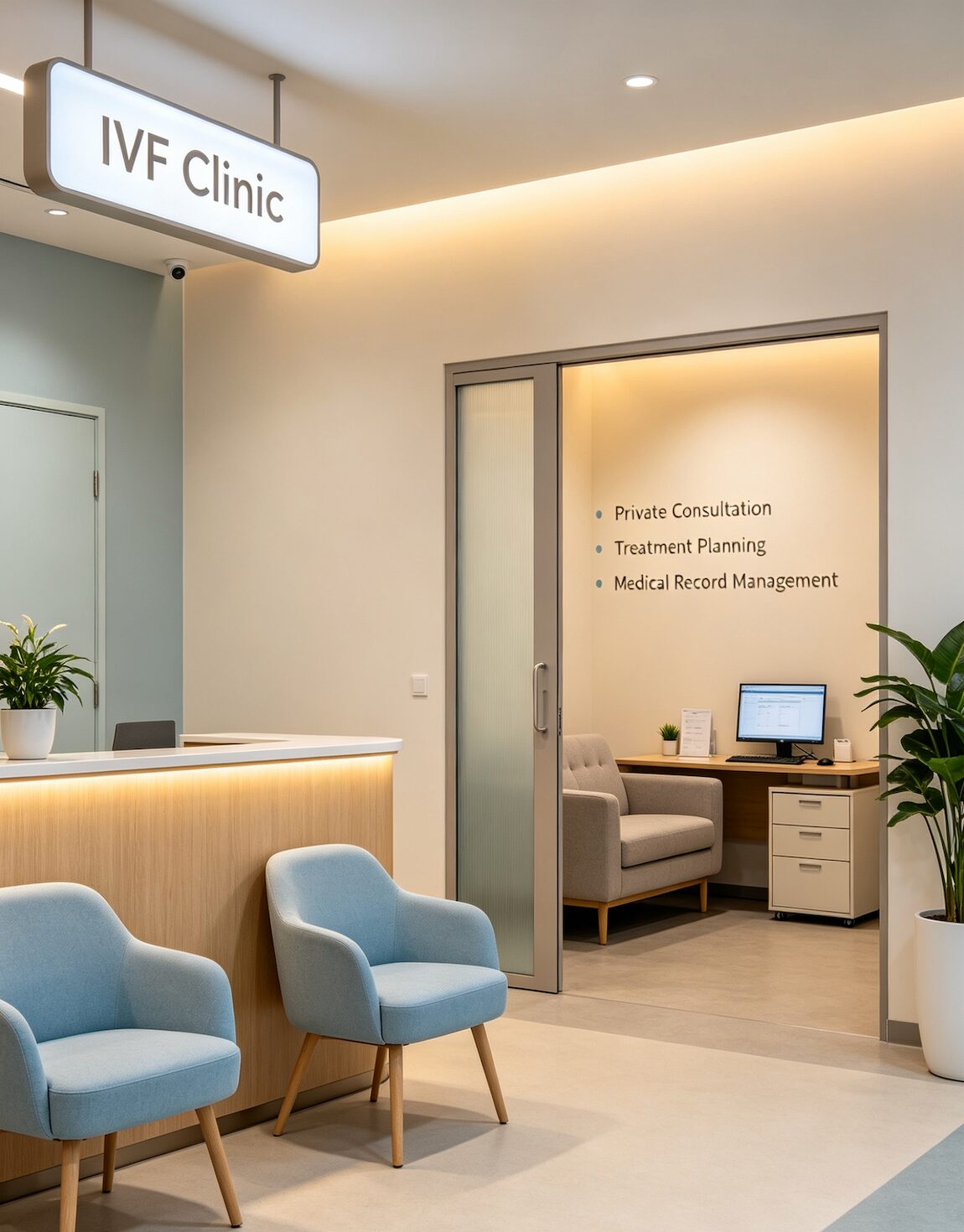 IVF clinic reception and consultation area with private waiting zones