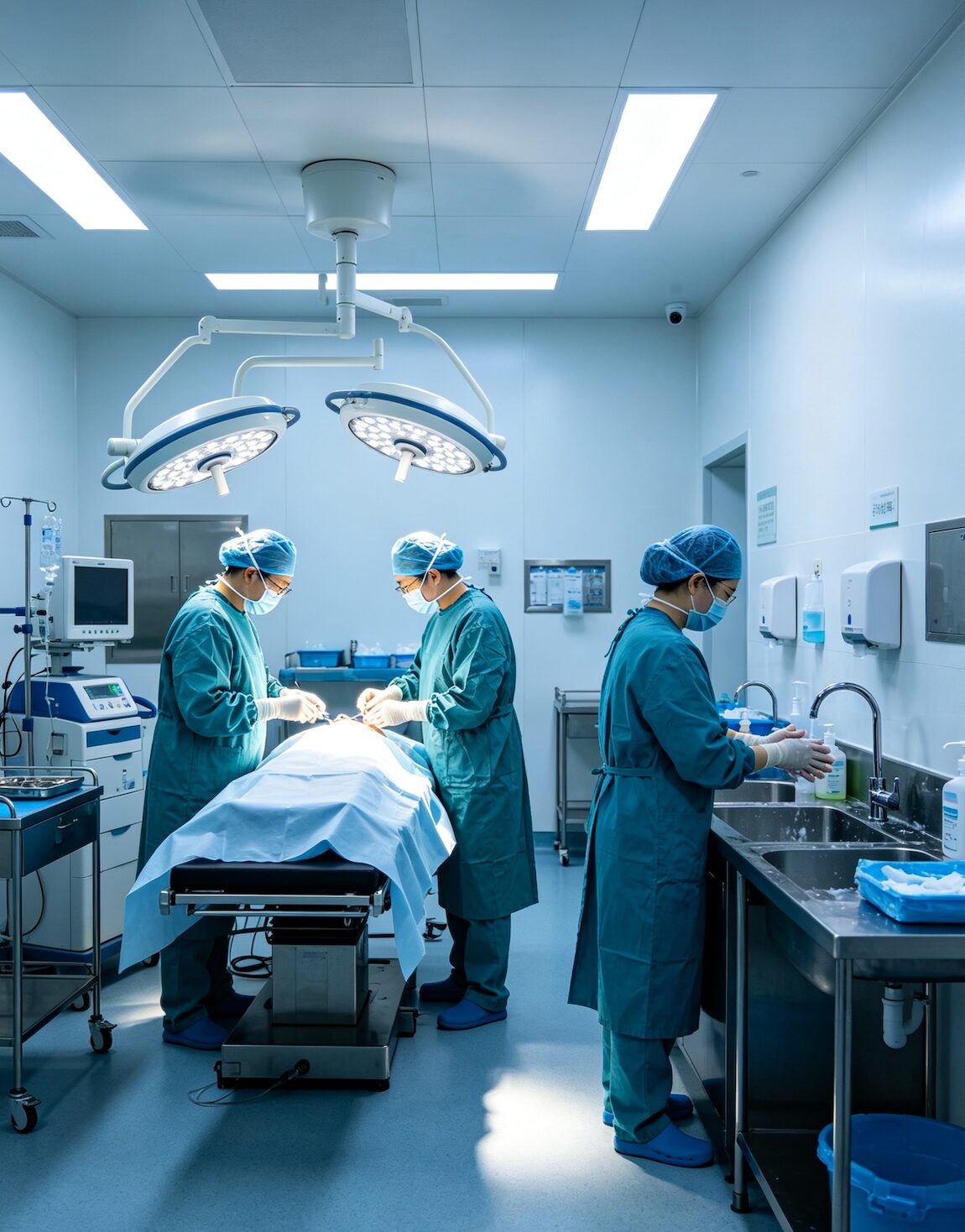 IVF operating theater and surgical scrub area — sterile cleanroom OR for oocyte retrieval
