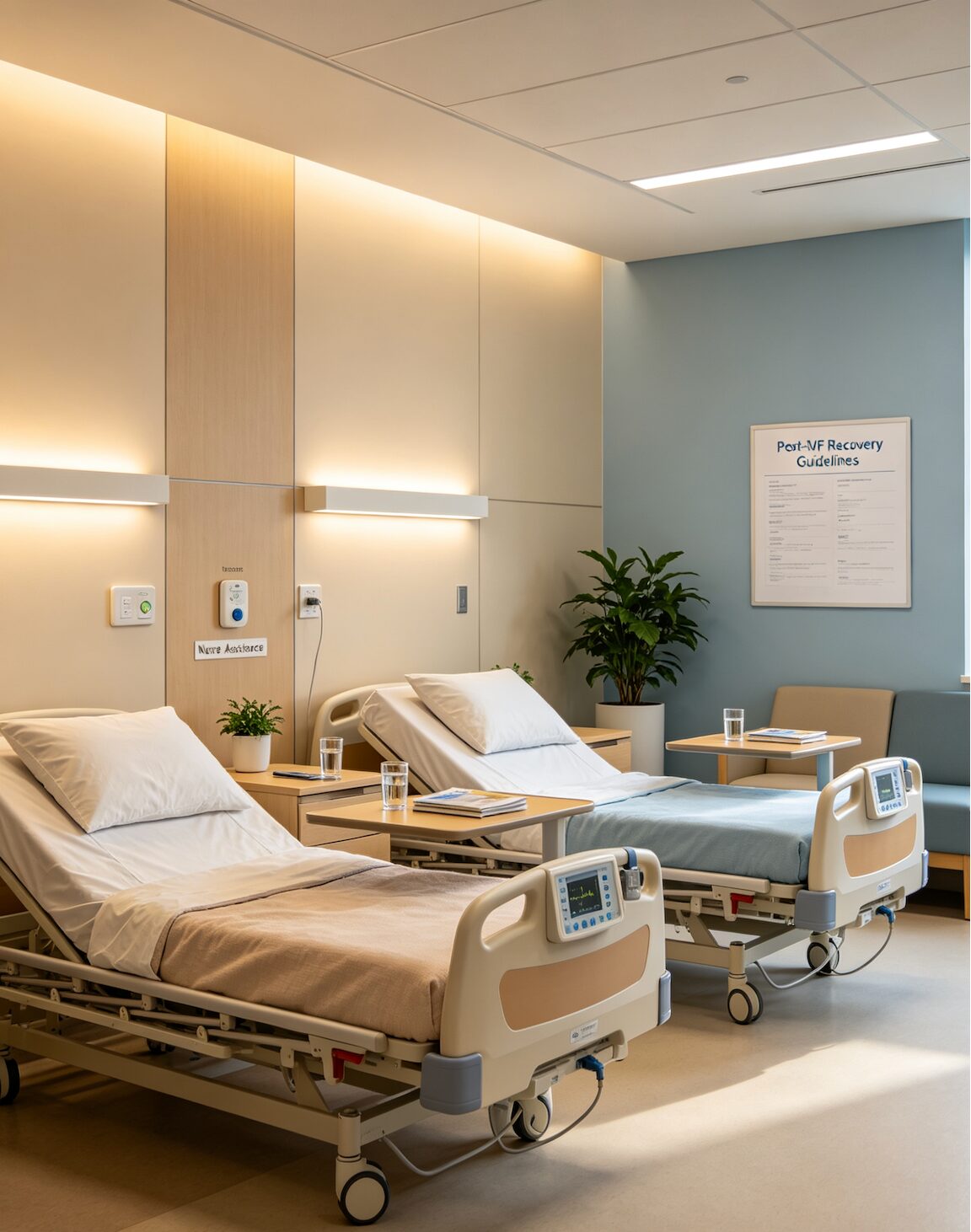 Patient recovery area after IVF procedure — monitored resting space post egg retrieval