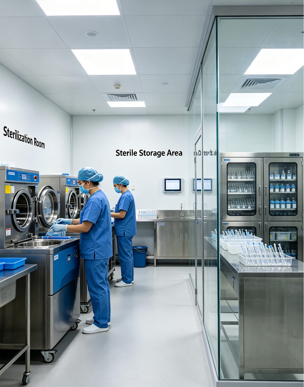 Sterilization room and sterile storage area in IVF clinic — autoclave and clean storage