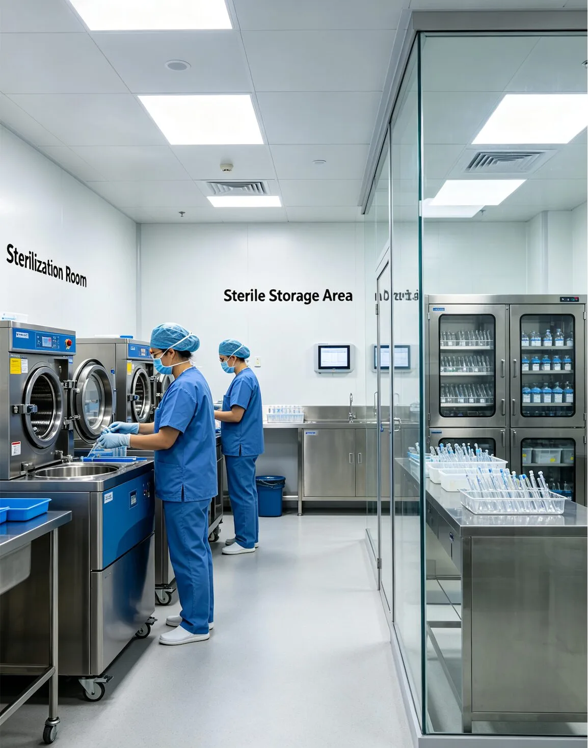 Sala de esterilización y área de almacenamiento estéril en la clínica de FIV: autoclave y almacenamiento limpio.