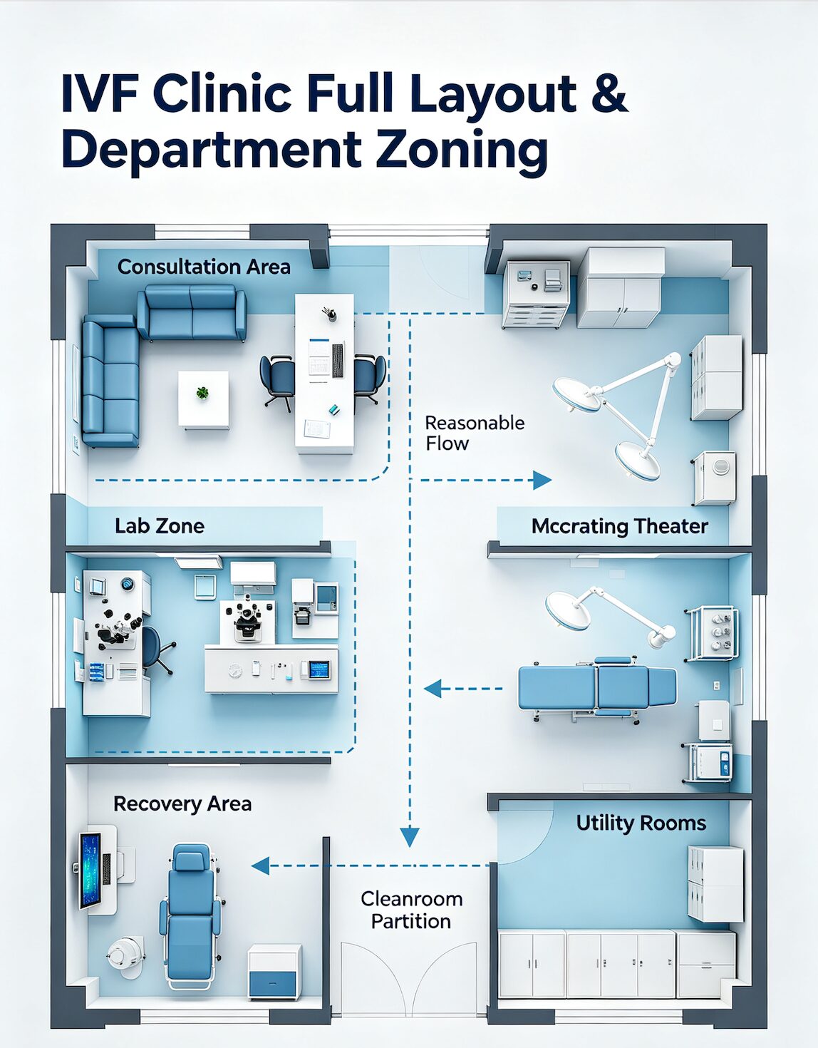 Full IVF clinic layout showing all department zones and room functions
