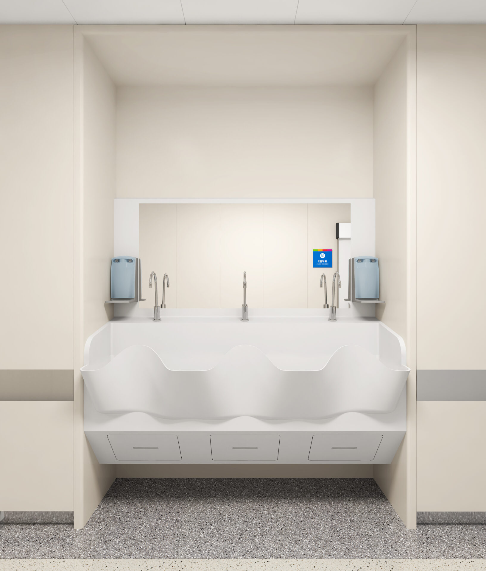 Wall-mounted surgical scrub sink installation with utility rough-in positions