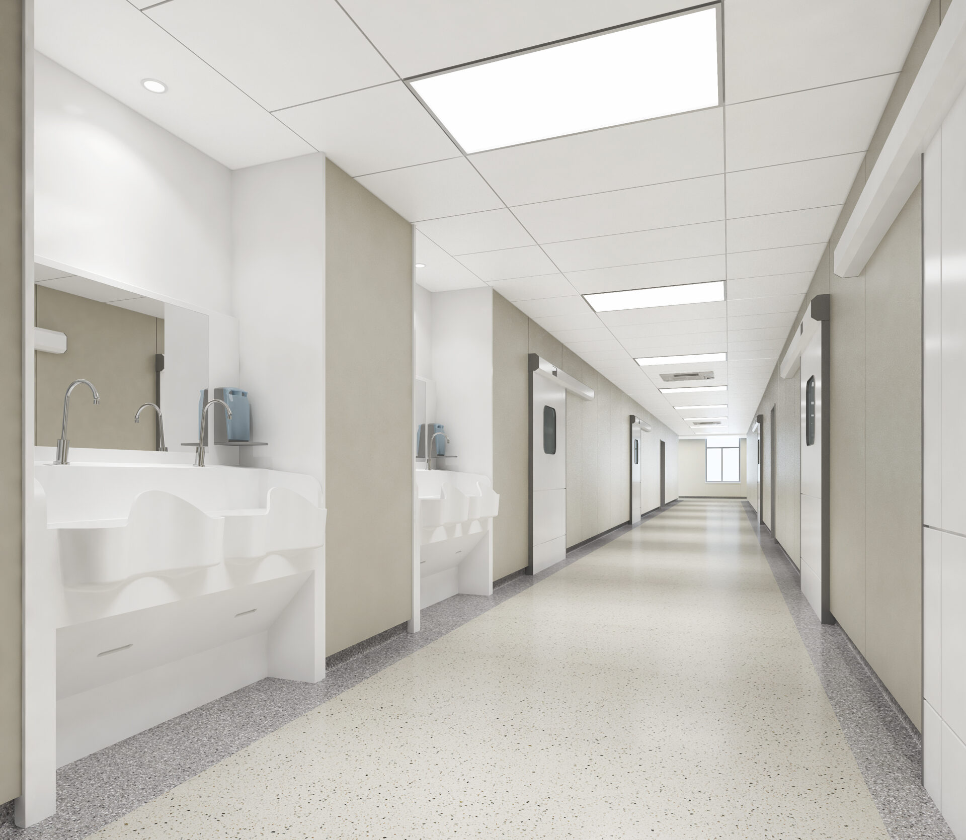Side-by-side comparison of solid surface and stainless steel surgical scrub sinks