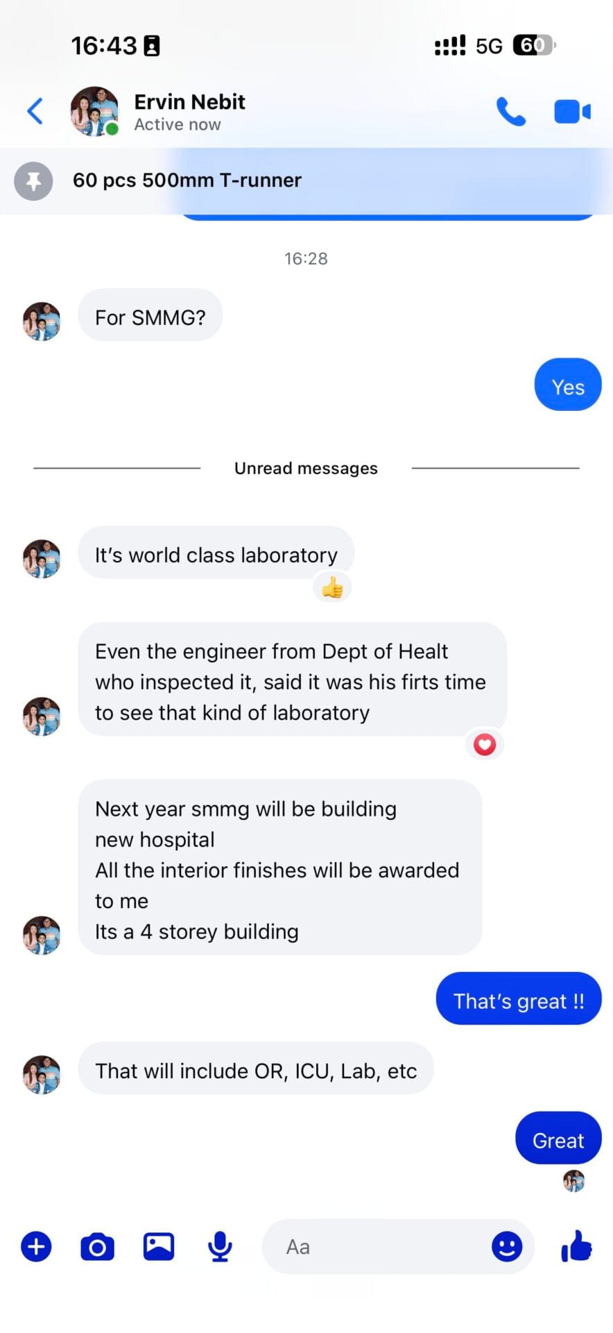 Screenshot of chat message from Dr. Alvin Cledera, GM of SMMG Clinical Diagnostic Laboratory: 'It's world class laboratory. Even the engineer from Dept of Health who inspected it, said it was his first time to see that kind of laboratory.'