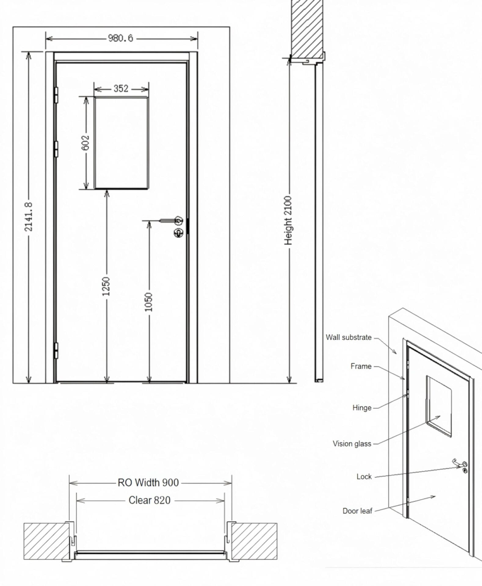 Single-leaf swing door elevation, section, 3D assembly and rough opening plan