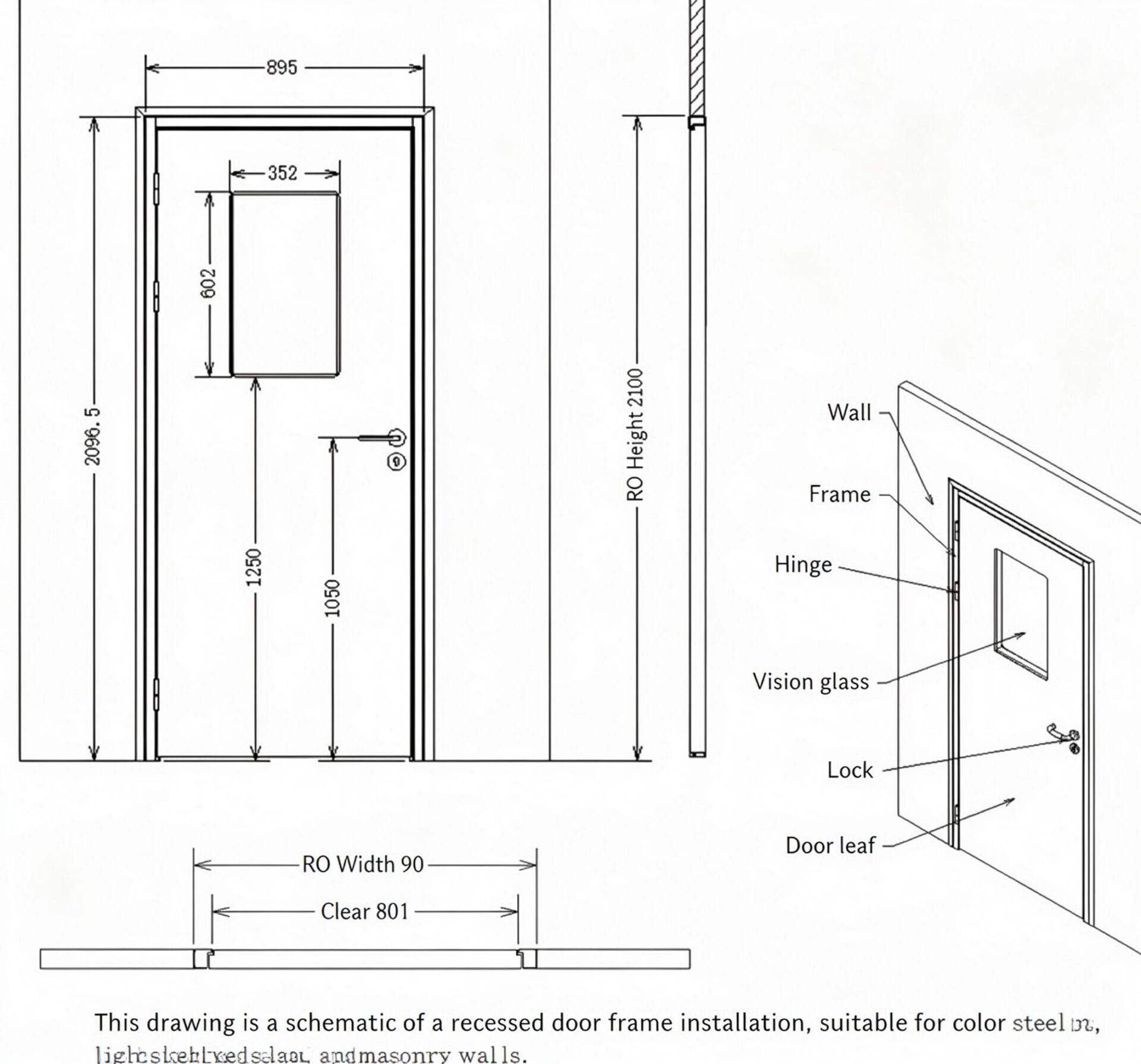 Recessed frame swing door installation elevation, section and plan