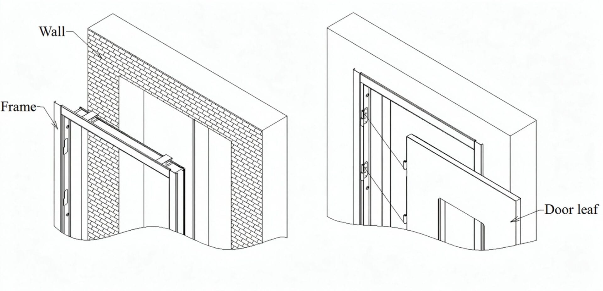 Single-sided jamb swing door wall section and installed view