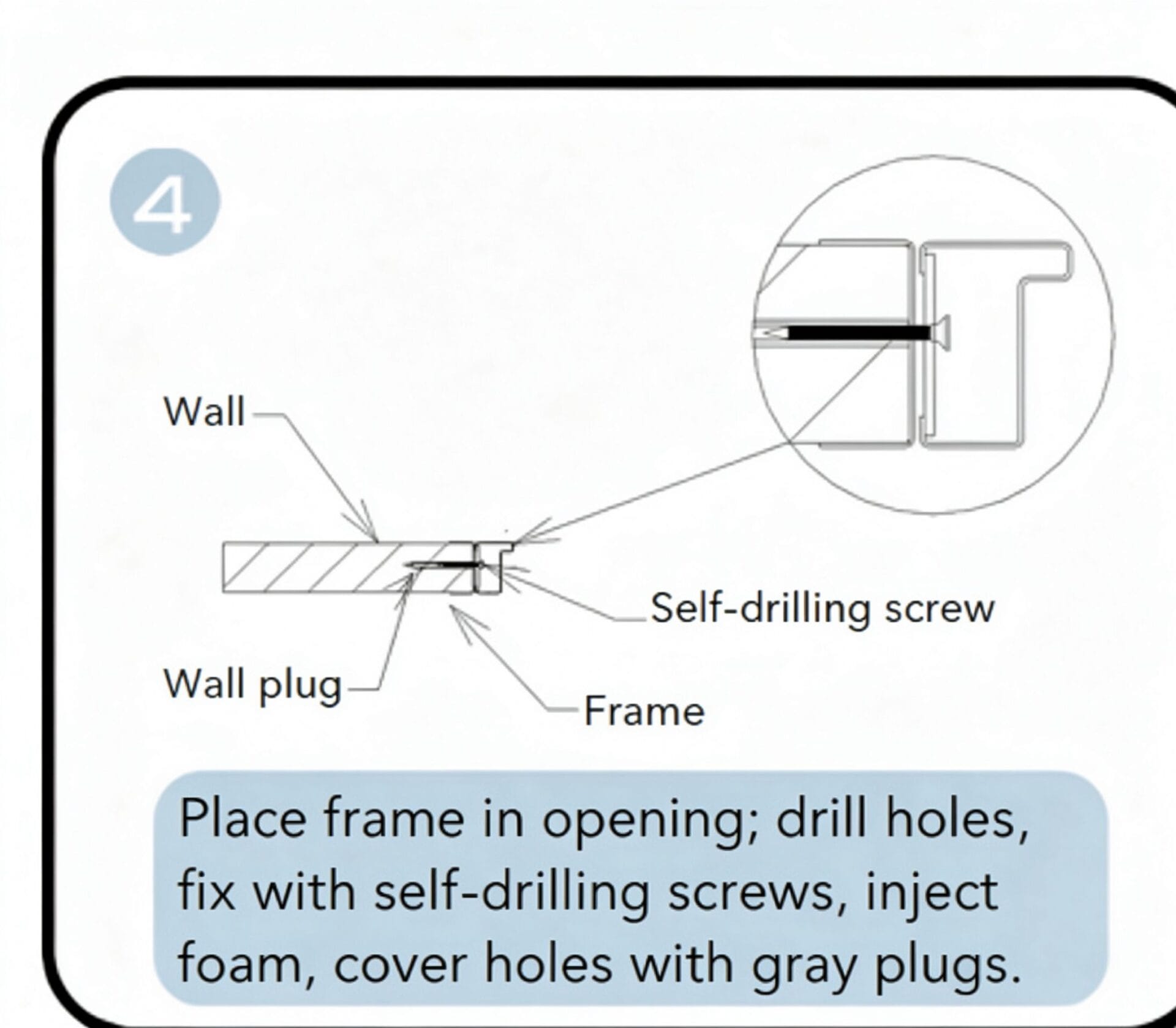 Fix frame with self-drilling screws and foam