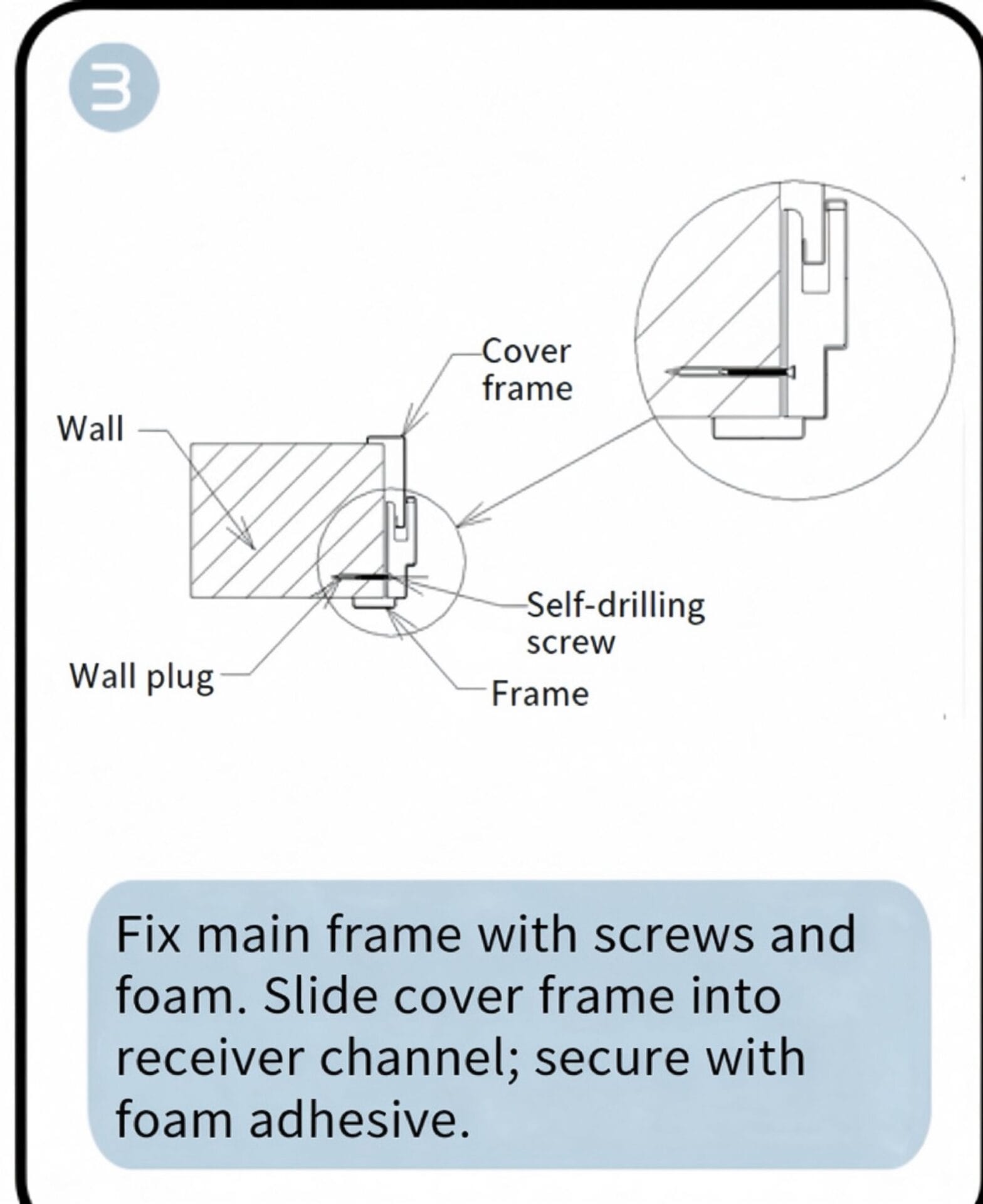 Install decorative cover frame into main frame channel