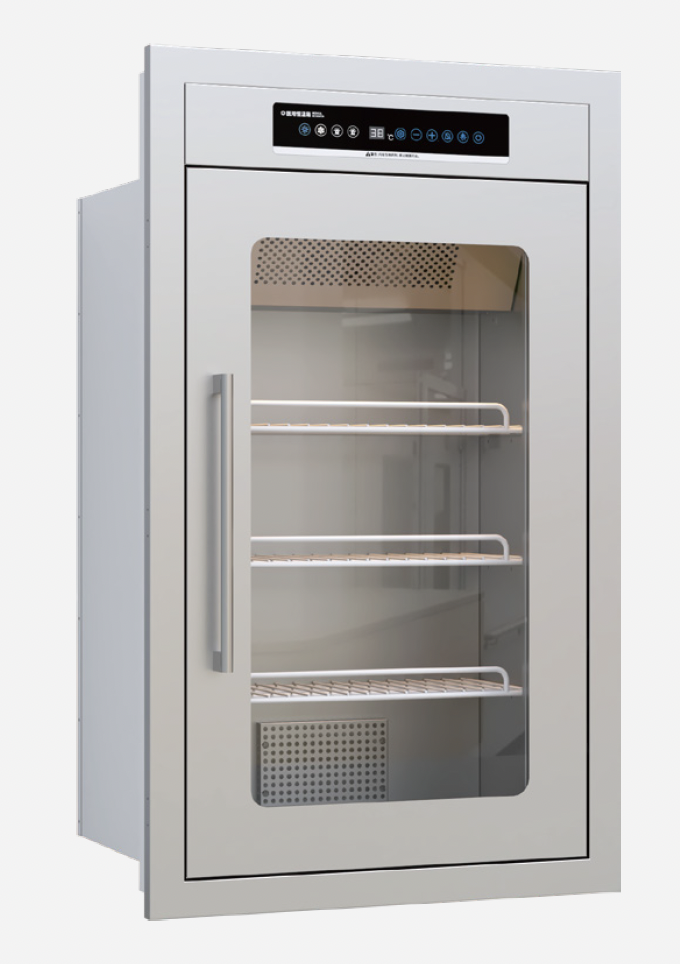 Medical warming cabinet with stainless-steel frame and glass viewing window