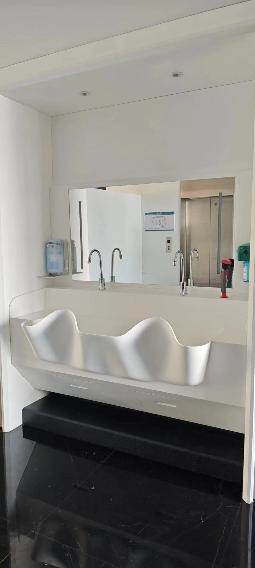 Double-station scrub sink with shaped basins and a wall mirror