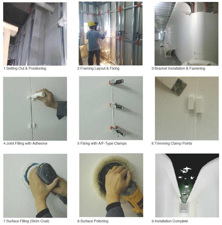 Nine-step solid surface wall cladding installation sequence: setting out, framing, brackets, joint filling, clamping, trimming, filling, polishing, completion